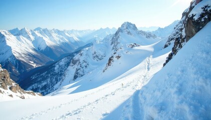 Obraz premium Snow-covered mountain slope with rope and harness, mountain landscape, snowboard tracks, frozen ground