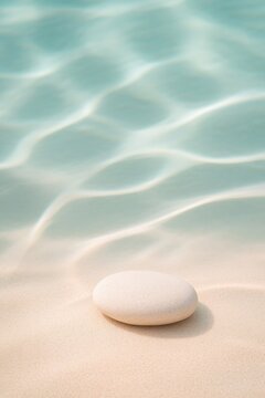 Smooth stone resting on sandy shore, surrounded by gentle rippli