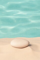 Obraz premium Smooth stone rests on sandy beach, surrounded by tranquil turquo