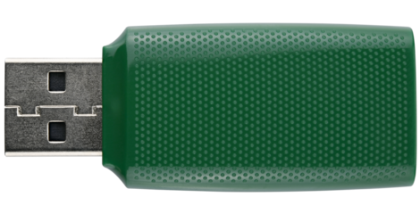 Green usb flash drive isolated on a transparent background. Completely in focus. Focus stacking.