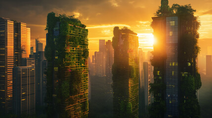 Futuristic Eco-Friendly Cityscape with Vertical Gardens and Solar Panels at Sunset