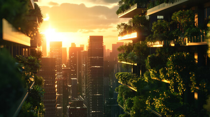 Futuristic Eco-Friendly Cityscape with Vertical Gardens and Solar Panels at Sunset