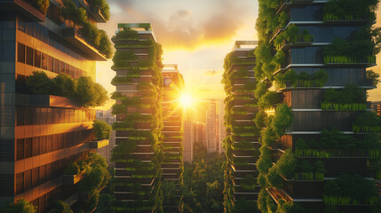 Futuristic Eco-Friendly Cityscape with Vertical Gardens and Solar Panels at Sunset