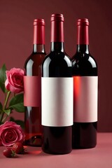Elegant wine bottles; deep red, crisp white, blush pink labels , celebration, white, product