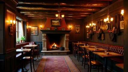 Lederhosen, Vintage Bavarian pub scene glowing fire illuminates lederhosen hanging inside cozy inn interior with rustic atmosphere.