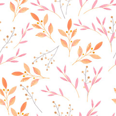 Tender pink and orange twigs on a white background. Plant watercolor seamless pattern.