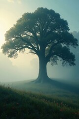 Mighty oak's shadow, swirling fog serene, mysterious, light, oak tree
