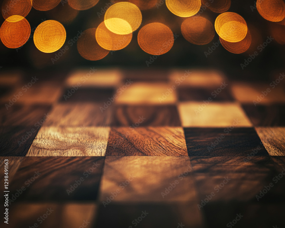 Poster close-up of a wooden chessboard with blurred bokeh lights in the background, highlighting the chessb