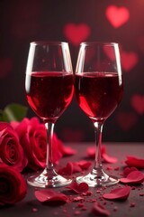 Two glasses of red wine, romantic Valentine's Day setting, warm, gold background