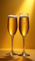 Two glasses of champagne, golden background, bubbles rising, glasses, gold, elegant