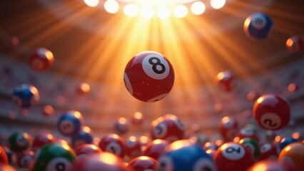 Lottery balls with numbers, Floating lottery balls in a futuristic stadium golden light illuminating numbered spheres dramatically