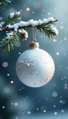 White glass ball ornament on a branch with snowflakes, wintry, frosty branches