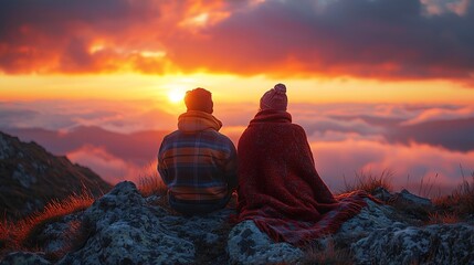Couple sitting on mountain peak watching sunrise over scenic landscape together
