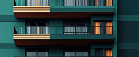 Fototapeta premium This architectural design showcases a minimalist building facade adorned with teal walls and wooden balconies, set in a vibrant urban area