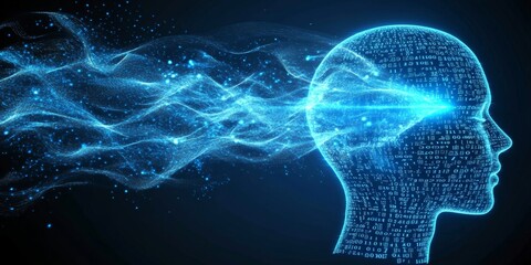 Artificial Intelligence. Abstract Head With Binary Code On Dark Background. Big Data Analysis