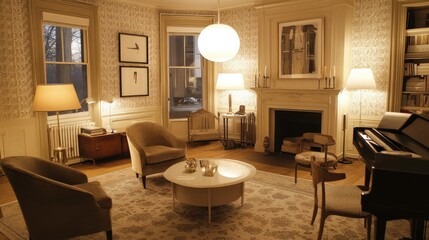 Fototapeta premium Chic and trendy living room featuring a subtle leaf design wallpaper, cozy lighting, and neutral colors for a balanced interior