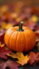 A close-up shot of a vibrant orange pumpkin surrounded by colorful autumn leaves, leaves, seasonal, pumpkin