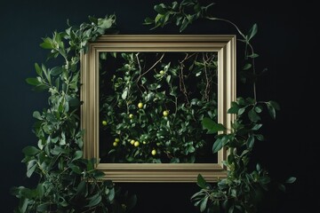 A decorative frame surrounded by vibrant green foliage and plants