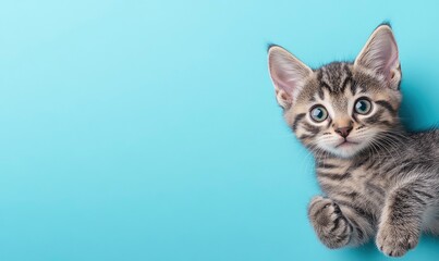a grey tabby kitten on a light blue background, with a pastel color scheme for an animal shelter website banner. The cat is lying down with its paws outstretched and looking at the camera.