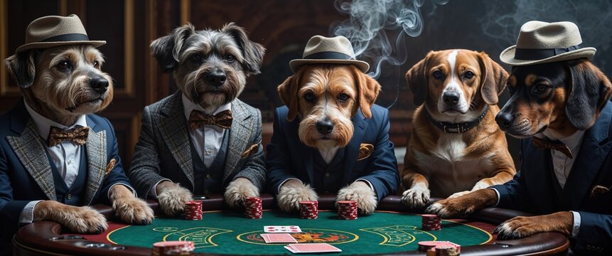 A group of five dogs, each dressed in elegant suits and hats, sit around a poker table stacked with chips. Smoke fills the air, adding to the playful, humorous atmosphere of the game