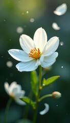 A burst of delicate white flowers in mid-air with petals floating around, levitation, white, bloom