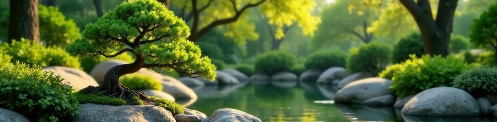 Fototapeta premium Wide-angle shot of Zen garden with bonsai tree and water feature in background, zen, landscape