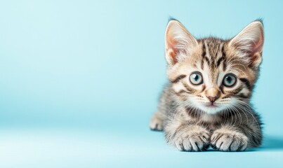 Obraz premium a grey tabby kitten on a light blue background, with a pastel color scheme for an animal shelter website banner. The cat is lying down with its paws outstretched and looking at the camera.