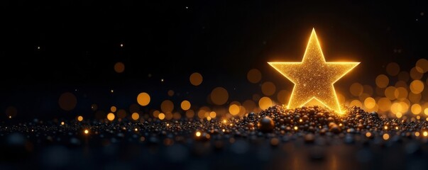 Shining gold star with glittering trail on black backdrop, award, quality