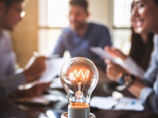 A glowing light bulb symbolizes innovation during a collaborative meeting among diverse professionals.