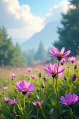 Fototapeta premium Wildflowers dance in the gentle morning breeze, flowers, purple