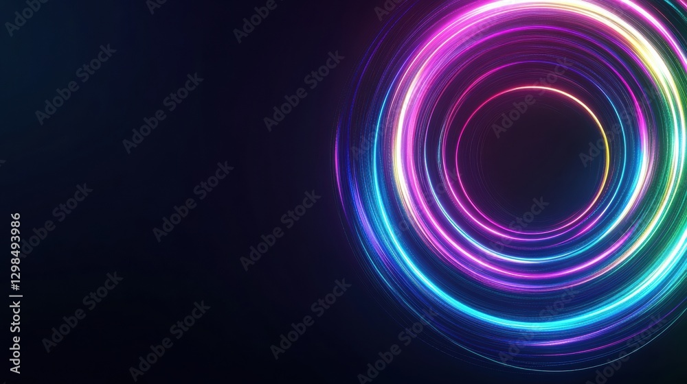 Poster Colorful abstract neon lights creating circular patterns against a dark background. Generative AI