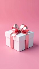 Obraz premium - A white gift box with shiny bow on pink background , box, present
