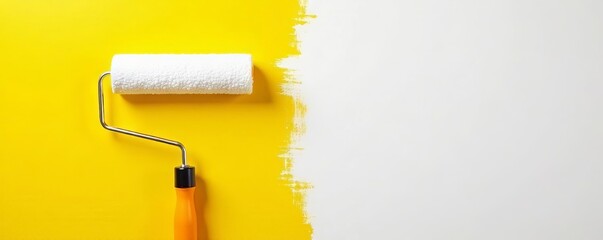 White paint roller on yellow wall, fresh coat applied, old, process, home