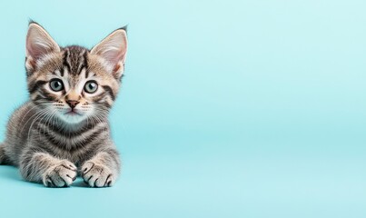 a grey tabby kitten on a light blue background, with a pastel color scheme for an animal shelter website banner. The cat is lying down with its paws outstretched and looking at the camera.
