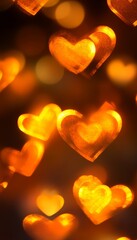 Warm Golden Hearts Bokeh Pattern Background, Sparkling Romantic Lights Decoration Celebration