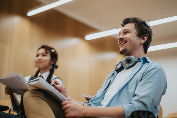 Students attentively interacting with a professor in a classroom environment, depicting learning...