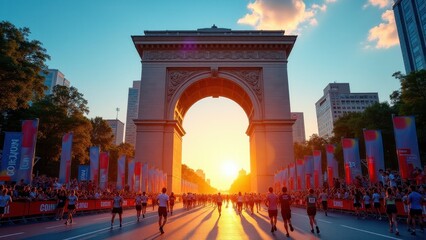 Marathon arch, Golden hour arch glowing with marathon flags and cheerful crowds amidst vibrant banners.