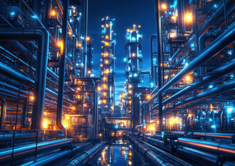Naklejka premium Industrial city lights up at night, highlighting complex structures and glowing pipes against a dark sky, creating a vibrant ambiance