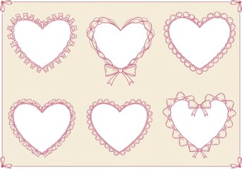 Heart-shaped frames, delicate pink linework, dainty bows, romantic design, Valentine's Day theme, soft pastel background