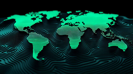 Vibrant Green World Map with Wavy Texture on Dark Background