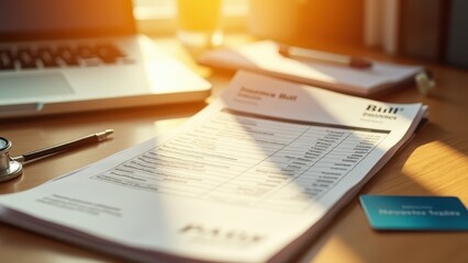 Obraz premium Medical bill and insurance card, A cluttered desk under golden sunlight showcasing a detailed medical bill and insurance card on a minimalist wooden surf