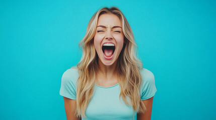 Young woman screaming or yelling on turquoise background 