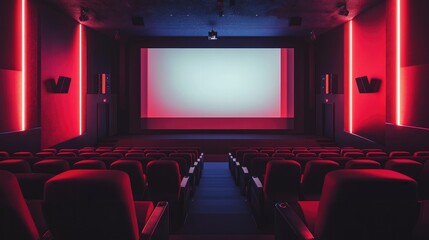Fototapeta premium Empty modern cinema hall with a large blank white screen, dim lighting, and comfortable seating, perfect for a theater mockup