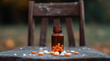 medicine bottle with pills on a rustic chair