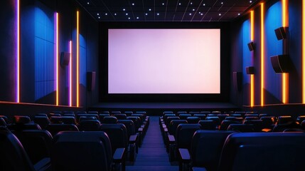 Empty modern cinema hall with a large blank white screen, dim lighting, and comfortable seating, perfect for a theater mockup
