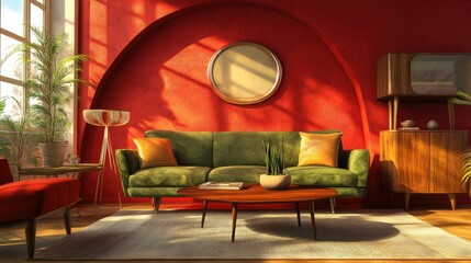 High-end living room interior with an eye-catching red arch background, mid-century furniture, and warm ambiance for a rich visual appeal