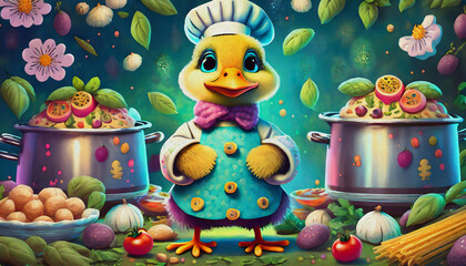 Obraz premium oil painting style cartoon character illustration cute baby duck in a chef costume surrounded