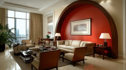 Luxury-inspired living room with a sophisticated red arch feature wall, clean modern lines, and timeless elegance in interior design