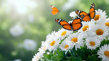Vibrant Butterflies on Blooming Daisies in Soft Natural Light