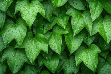 Fototapeta premium Lush green leaves glisten with droplets, creating vibrant, refre